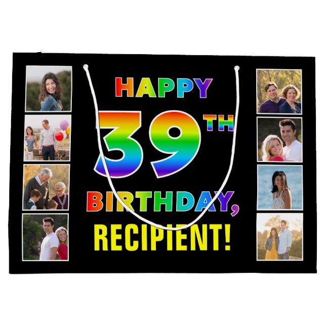 39th Birthday: Rainbow Text, Custom Photos & Name Large Gift Bag (Back)