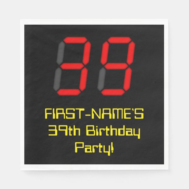 39th Birthday: Red Digital Clock Style "39" + Name Napkins (Front)