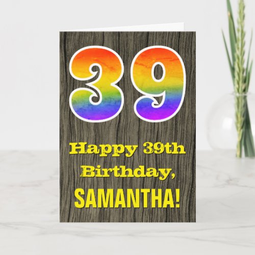 39th Birthday Rustic Faux Wood Look Rainbow 39 Card