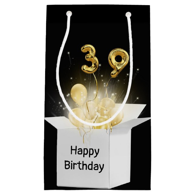 39th Gold Birthday Balloons in White Box  Small Gift Bag (Front)