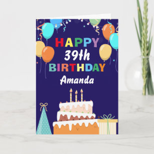 39th Happy Birthday Balloons Cake Navy Blue Card