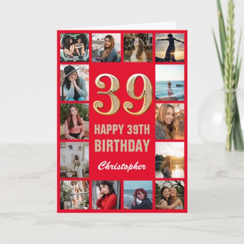 39th Happy Birthday Red and Gold Photo Collage Card