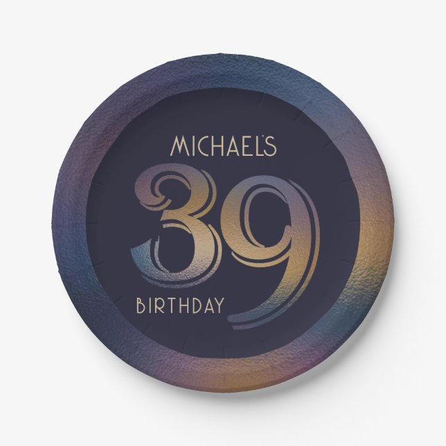 39th modern dark purple and gold birthday paper plates (Front)