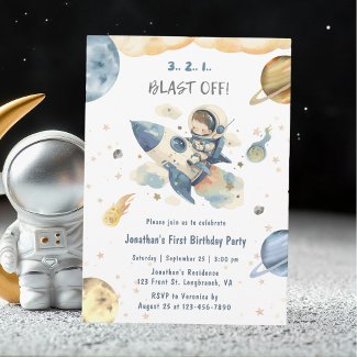 3 2 1 Blast Off 1st Birthday Invitation