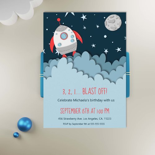 3 2 1 Blast Off Rocket Ship Space First Birthday  Invitation