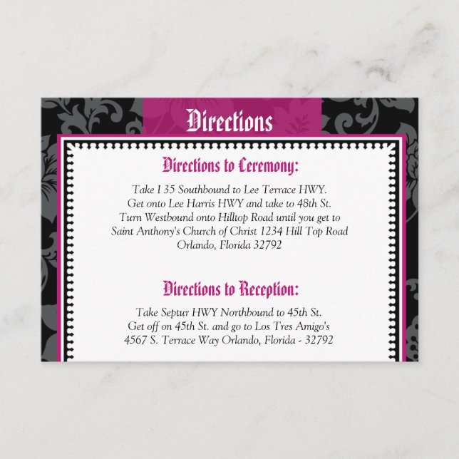 3.5 x 5 Direction Card Black Floral Hot Pink Strip (Front)