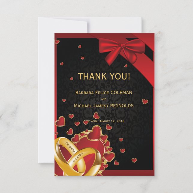 3.5" x 5" Luxury Modern Golden Rings Hearts Black Thank You Card (Front)