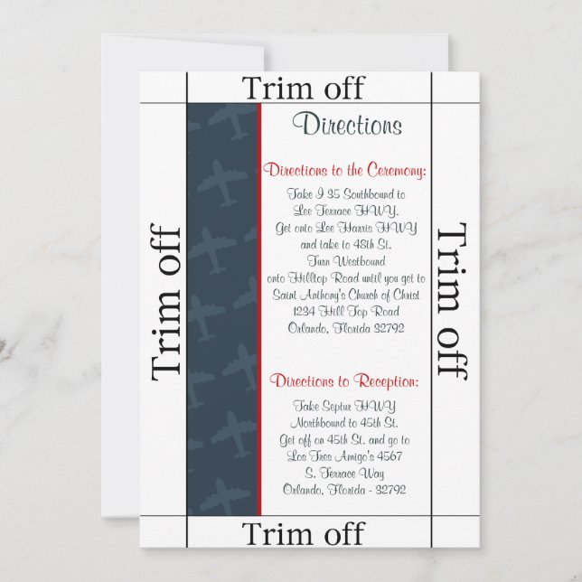 3.5 x 7 Directions Airplane Flight  Bl Invitation (Front)