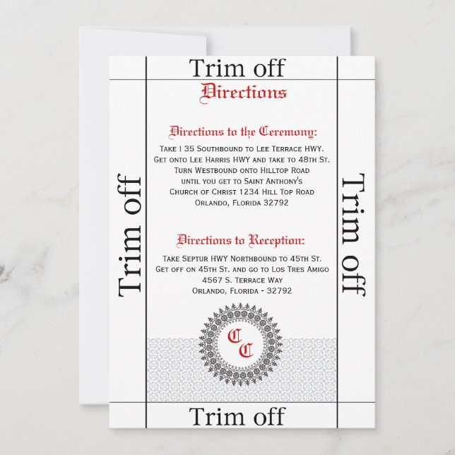 3.5 x 7 Directions Gray Red Formal Pri Invitation (Front)