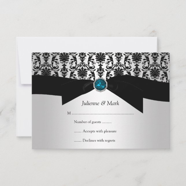 3.5x5 Black Silver Damask Turquoise Jewel RSVP (Front)