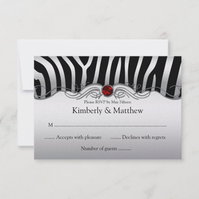 3.5x5 Black Silver Zebra Red Jewel RSVP Card (Front)