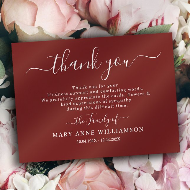 3.5x5 Burgundy Script Funeral Thank You Card (Creator Uploaded)
