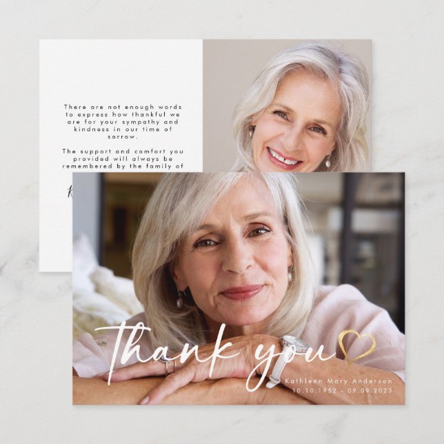 3.5x5 Elegant Chic Script Funeral Photo  Thank You Card (Front/Back)