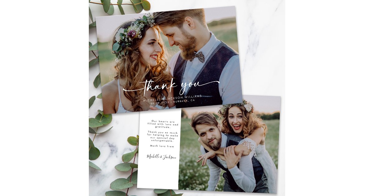 3.5x5 Elegant Chic Script Wedding Photo Thank You Card | Zazzle