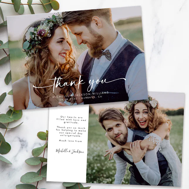 3.5x5 Elegant Chic Script Wedding Photo Thank You Card | Zazzle
