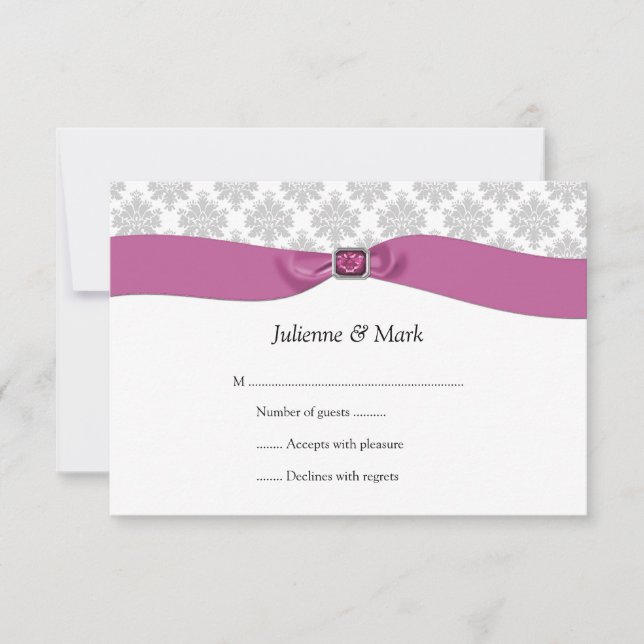 3.5x5 Gray White Damask Pink Ribbon Jewel RSVP Card (Front)