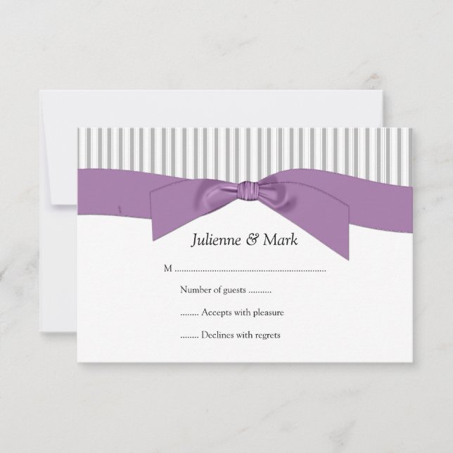 3.5x5 Gray White Stripes Purple Ribbon  RSVP Card (Front)