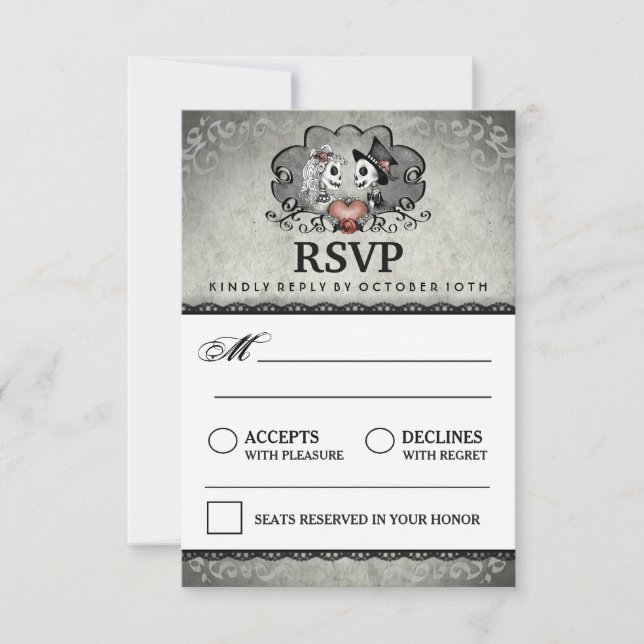 3.5x5 Halloween Skeleton Black Gray Matching RSVP Card (Front)