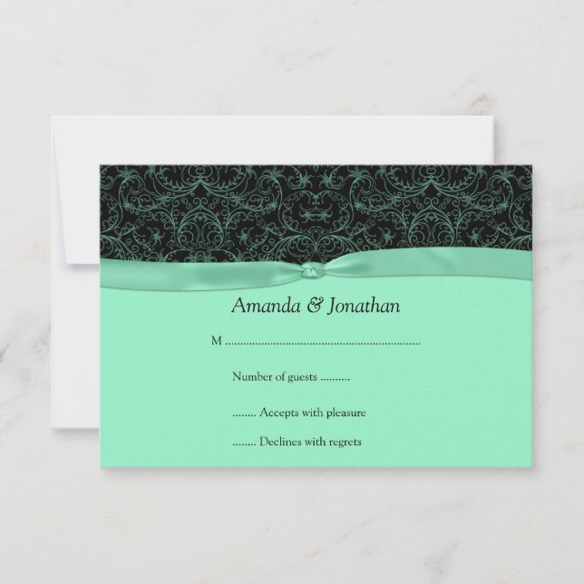 3.5x5 Mint Green Scrolls & Ribbon on Black RSVP (Front)