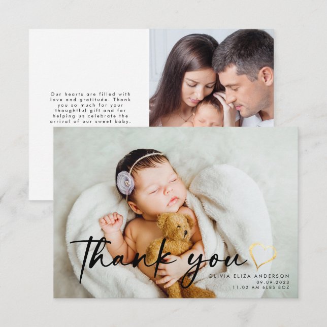 3.5x5 New Baby Photo Gold Heart Thank You (Front/Back)