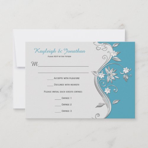 35x5 Ornate Teal and Silver Floral Swirls RSVP Invitation