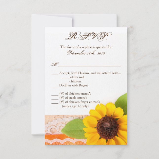 3.5x5 R.S.V.P. Card Rustic Sunflower Country Lace (Front)