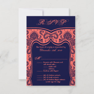 3.5x5 R.S.V.P. Card Wedding Navy Blue Coral Damask