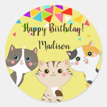 3 Adorable Kitty Happy Birthday Classic Round Sticker by kazashiya at Zazzle