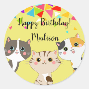 3 Adorable Kitty Happy Birthday Classic Round Sticker