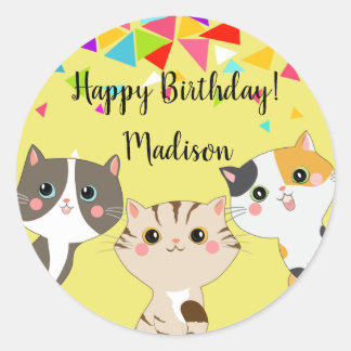 3 Adorable Kitty Happy Birthday Classic Round Sticker