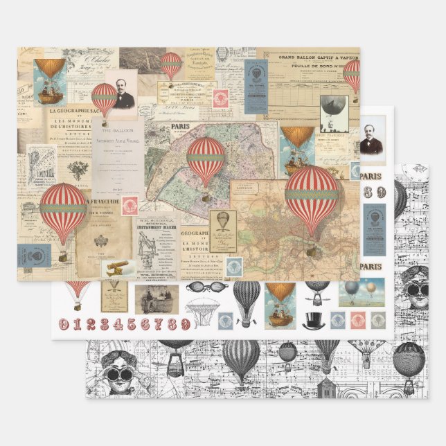 3 Aeronautical Balloon Collage Ephemera Sheets (Set)