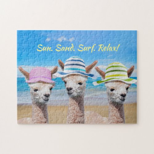 3 Alpacas On Beach In Sun Hats DIY Message Jigsaw Puzzle