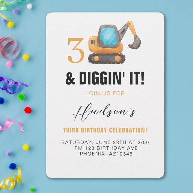 3 and Diggin’ It | Construction Theme 3rd Birthday Invitation (Creator Uploaded)
