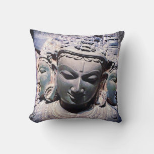 3 Asian Stone Faces Antique Statue Photo Stylish Throw Pillow