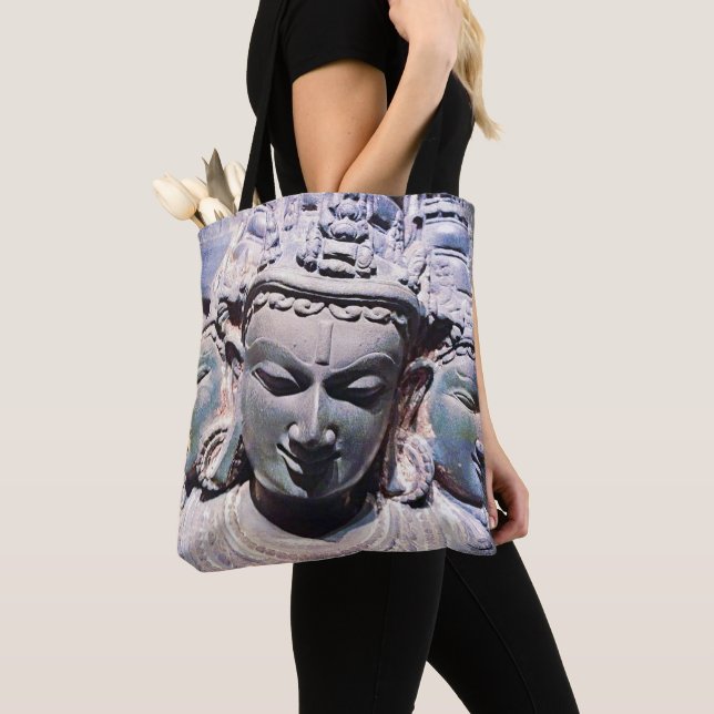 3 Asian Stone Faces Antique Statue Photo Stylish Tote Bag (Close Up)