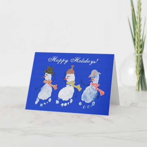 3 Baby Footprint Snowmen _ Happy Holidays Holiday Card