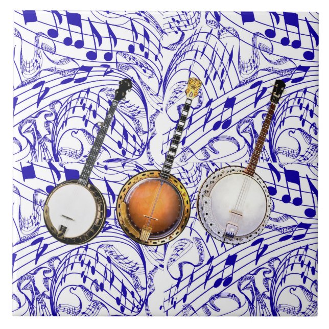 3 BANJOS ON BLUE MUSIC NOTES CERAMIC TILE (Front)