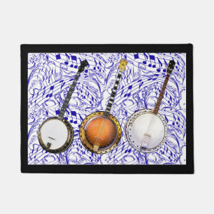 3 BANJOS ON BLUE MUSIC NOTES--- DOORMAT
