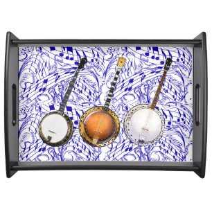 3 BANJOS ON BLUE MUSIC NOTES SERVING TRAY
