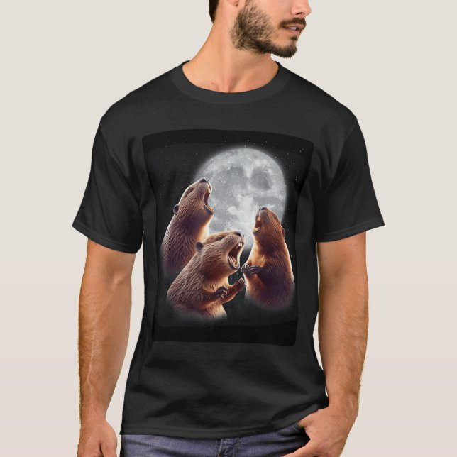 3 Beaver Howling At The Moon, Beaver Lover Rodent T-Shirt (Front)