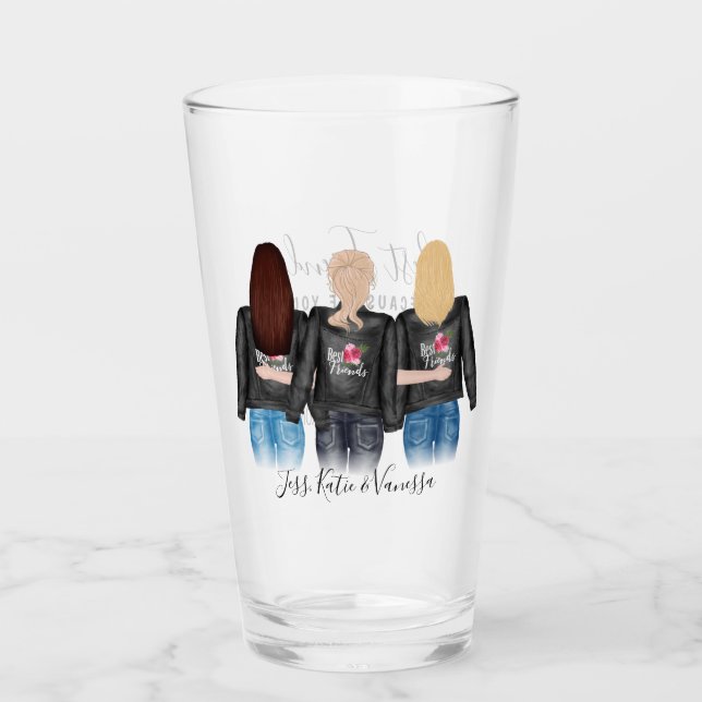 3 Best Friends Blonde Brunette Hair BFF Friendship Glass (Front)