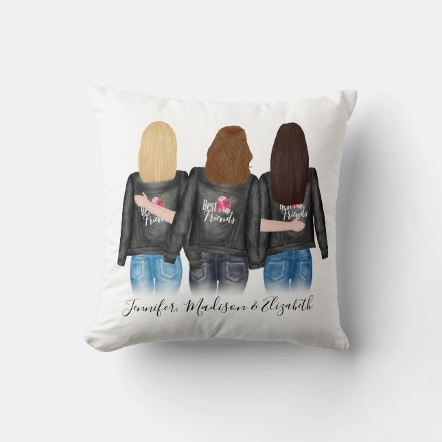 3 Best Friends Custom Hair BFF Besties Friendship Throw Pillow (Front)