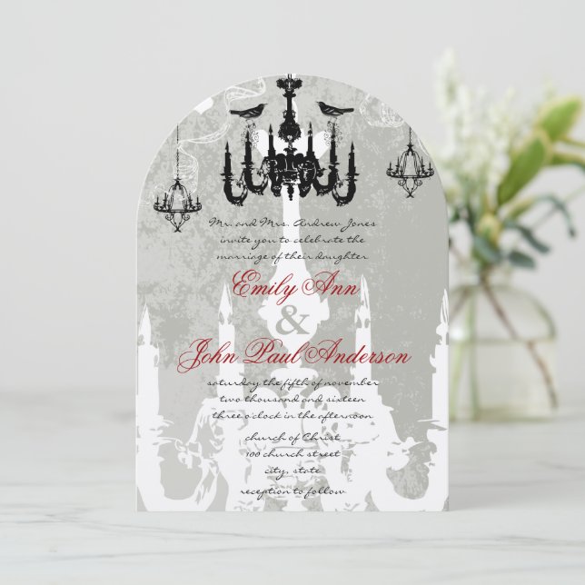 3 Black Chandeliers Love Birds Wedding Invitation (Standing Front)