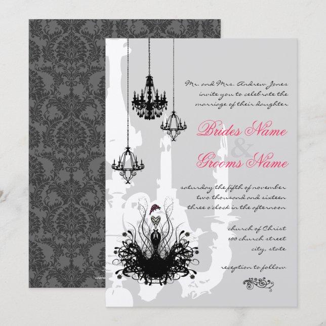 3 Black Chandeliers Pink Accent Wedding Invitation (Front/Back)