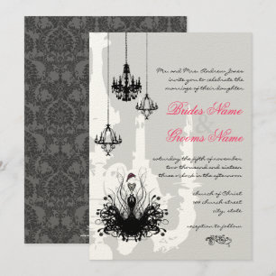 3 Black Chandeliers Pink Accent Wedding Invitation