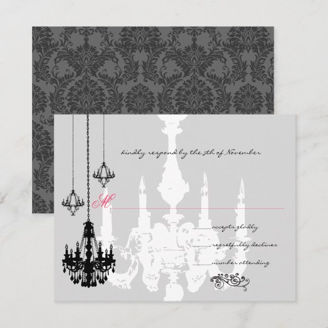 3 Black Chandeliers Pink Accent Wedding  RSVP Card (Front/Back)