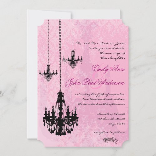 3 Black Chandeliers Pink Damask Wedding Invitation
