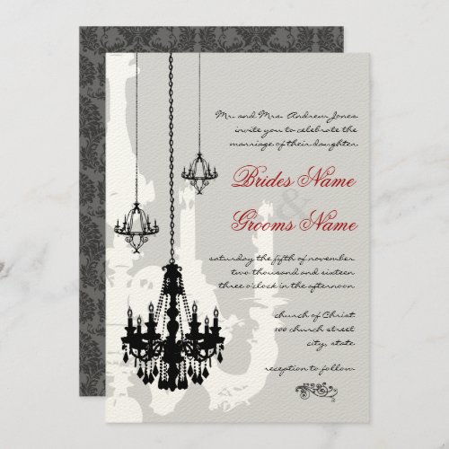 3 Black Chandeliers Red Accents Wedding Invitation