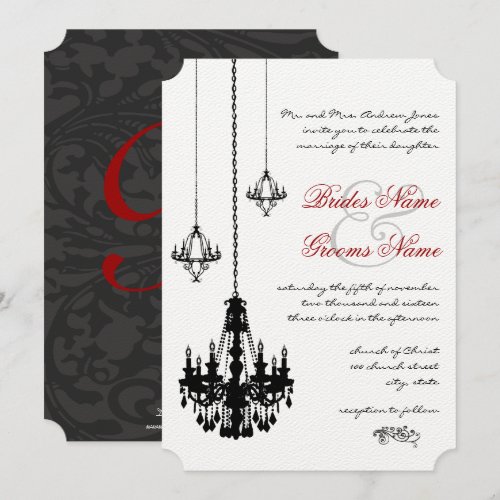 3 Black Chandeliers Red Accents Wedding Invitation