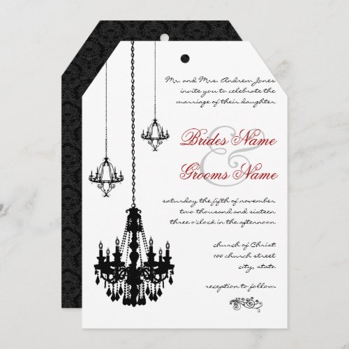 3 Black Chandeliers Red Accents Wedding Invitation